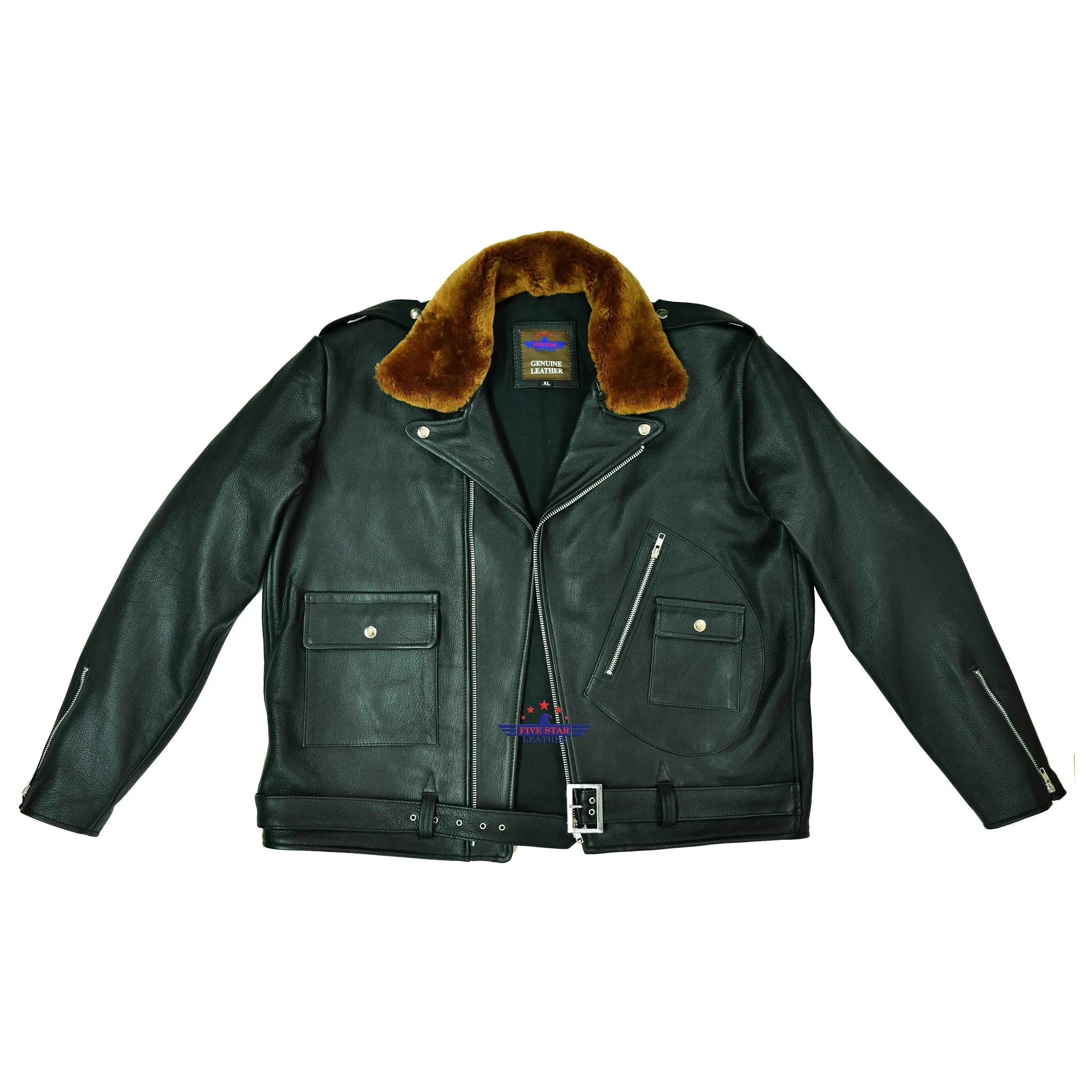 MEN'S MOTORBIKE REAL GOATSKIN VINTAGE CLASSIC JACKET WITH REMOVABLE FUR COLLAR