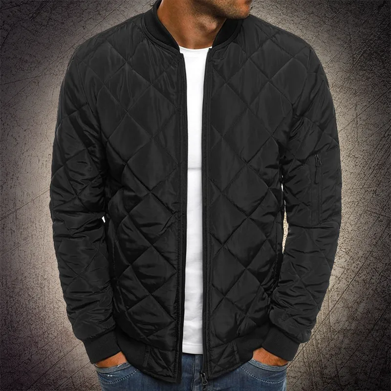 Men's Quilted Bomber Jacket – Ribbed Collar – Zip Front – Sleeve Pocket – Casual Fit