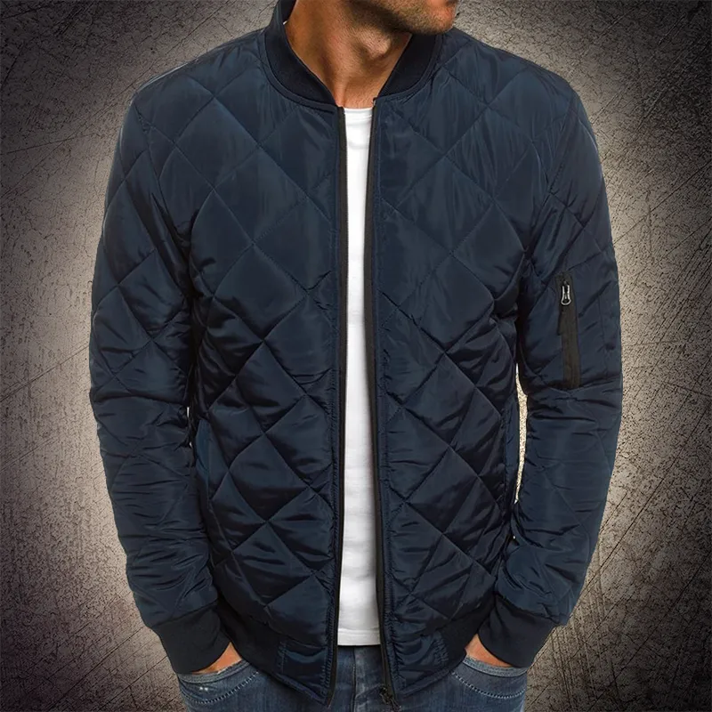 Men's Quilted Bomber Jacket – Ribbed Collar – Zip Front – Sleeve Pocket – Casual Fit
