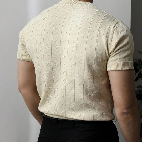 MEN'S SOLID COLOR KNIT CABLE ROUND NECK SHORT SLEEVE T-SHIRT