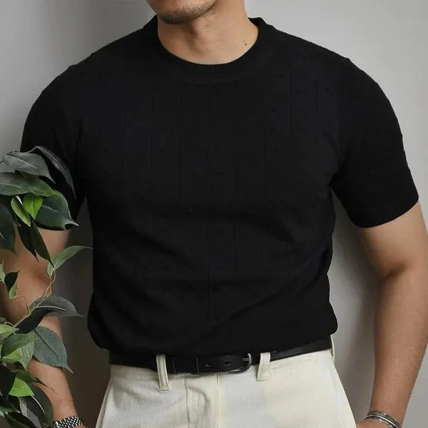 MEN'S SOLID COLOR KNIT CABLE ROUND NECK SHORT SLEEVE T-SHIRT