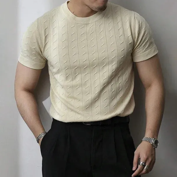MEN'S SOLID COLOR KNIT CABLE ROUND NECK SHORT SLEEVE T-SHIRT