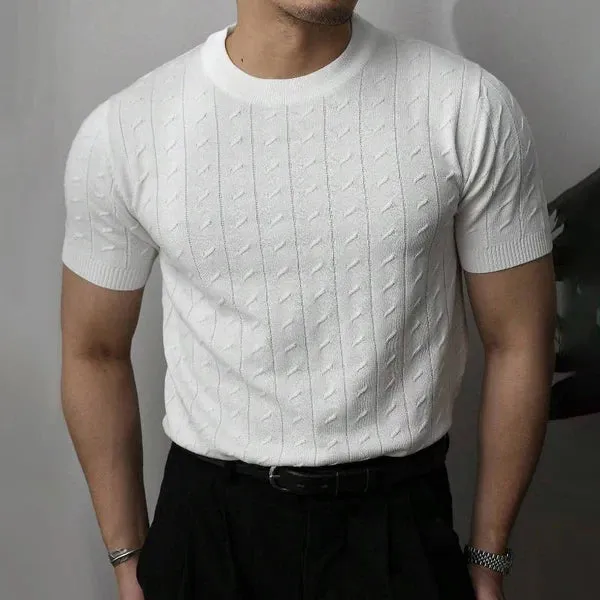 MEN'S SOLID COLOR KNIT CABLE ROUND NECK SHORT SLEEVE T-SHIRT