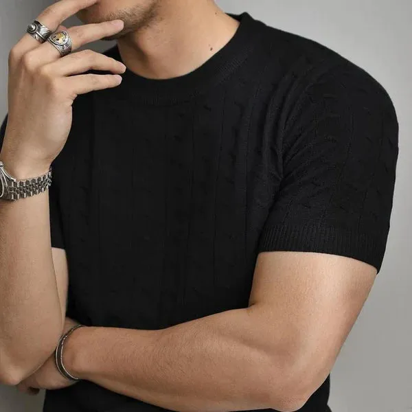 MEN'S SOLID COLOR KNIT CABLE ROUND NECK SHORT SLEEVE T-SHIRT