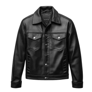 Mens Trucker Jacket Leather Flaps Slanted Pockets Denim Genuine Leather Jackets For Men