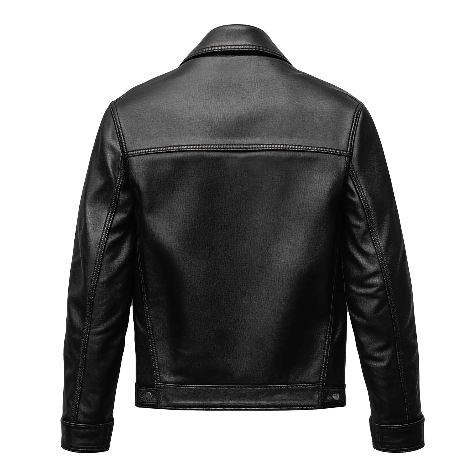 Mens Trucker Jacket Leather Flaps Slanted Pockets Denim Genuine Leather Jackets For Men