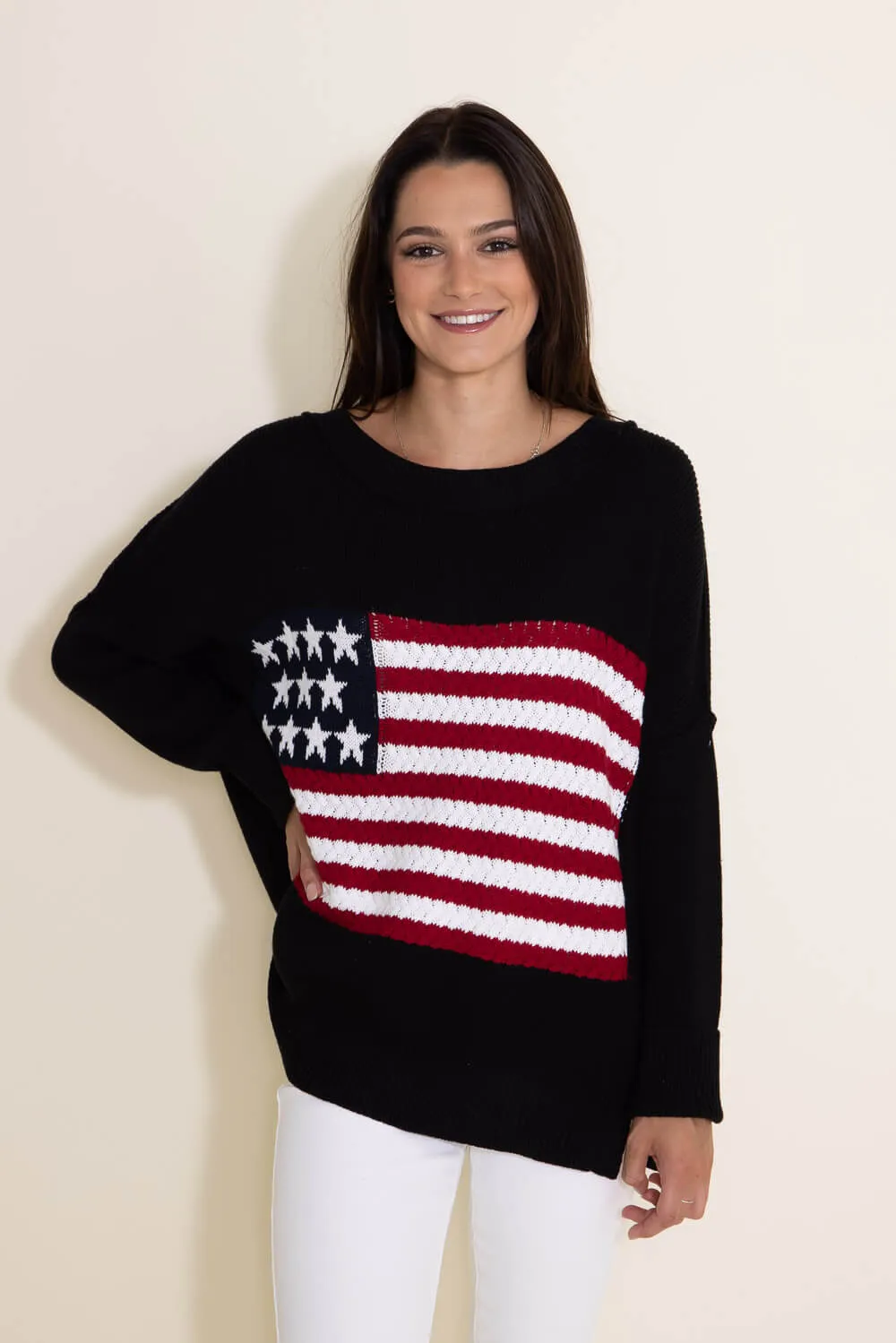 Miracle Knit American Flag Sweater for Women in Black | M8167-BLACK