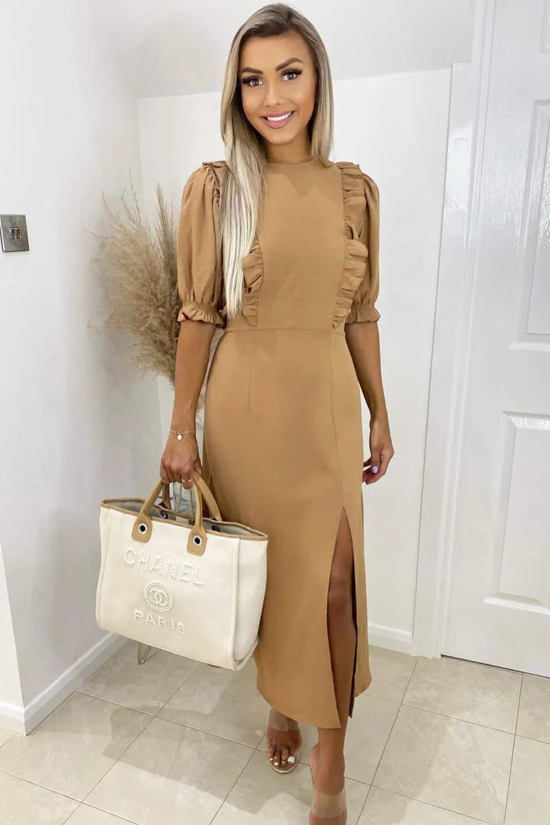 Mocha Ruffle Split Leg Midi Dress