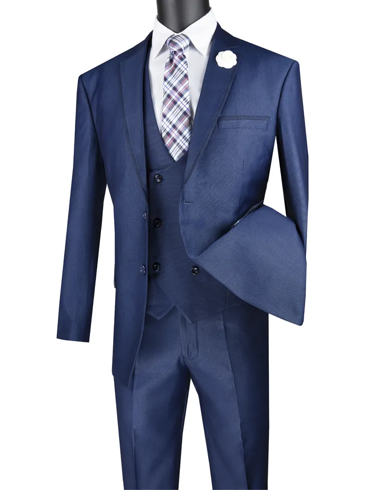 Modern Fit 3 Piece Suit Birdseye Pattern with Contrast Trim (Navy) MV2B-1