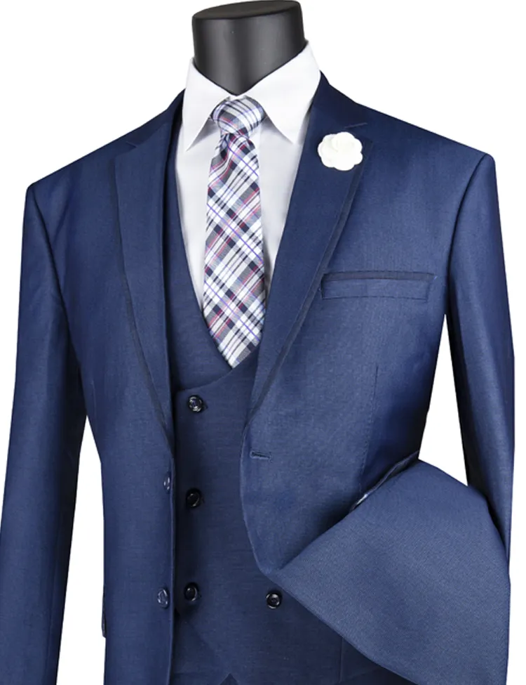 Modern Fit 3 Piece Suit Birdseye Pattern with Contrast Trim (Navy) MV2B-1