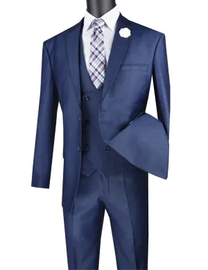 Modern Fit 3 Piece Suit Birdseye Pattern with Contrast Trim (Navy) MV2B-1