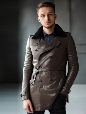 Modish Belted Leather Trench Coat for Men