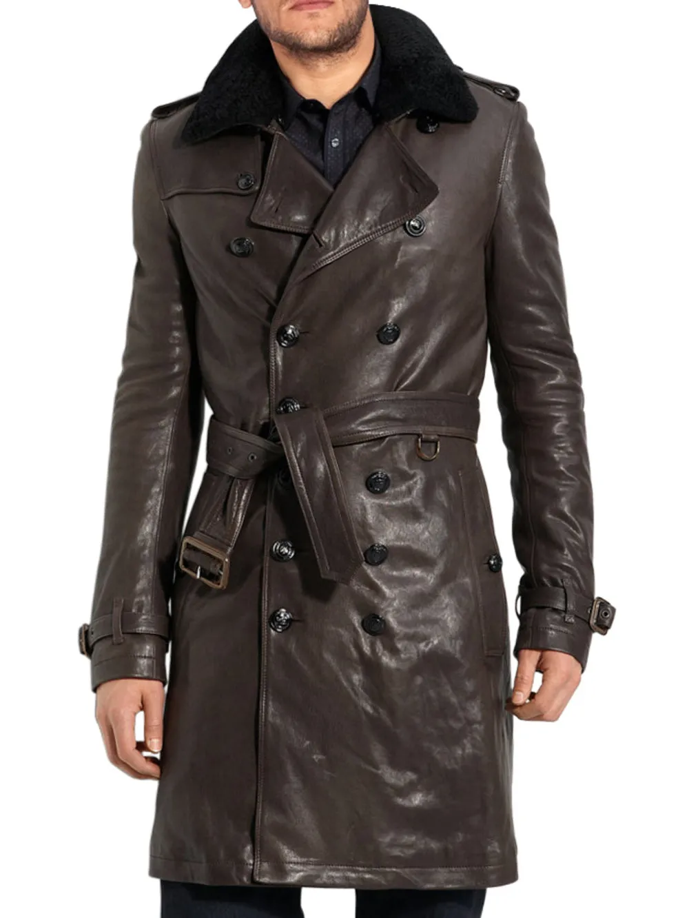 Modish Belted Leather Trench Coat for Men