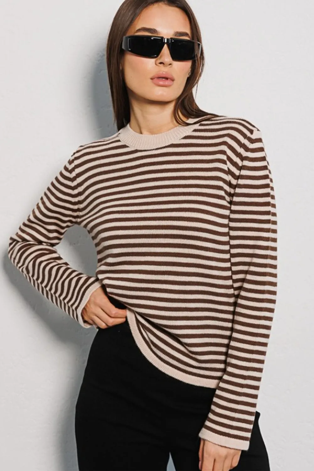 Morragen Striped Round Neck Long Sleeve Sweater