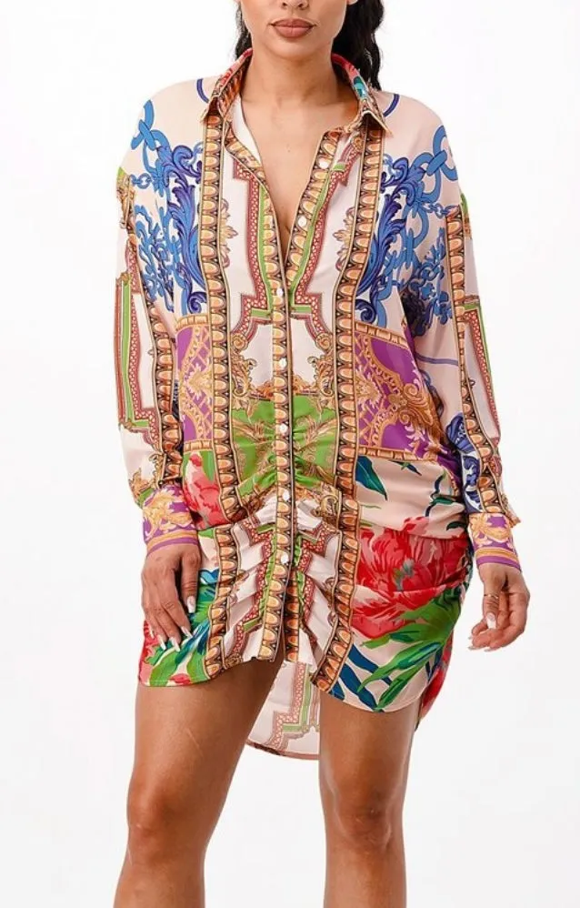 Multi Print Button Down Shirt Dress