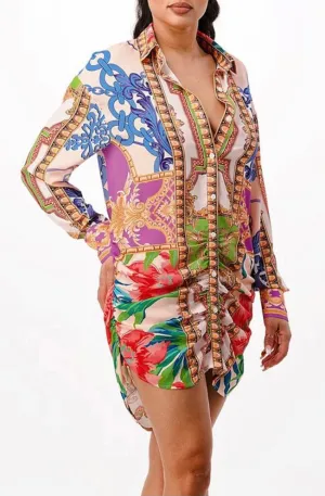 Multi Print Button Down Shirt Dress