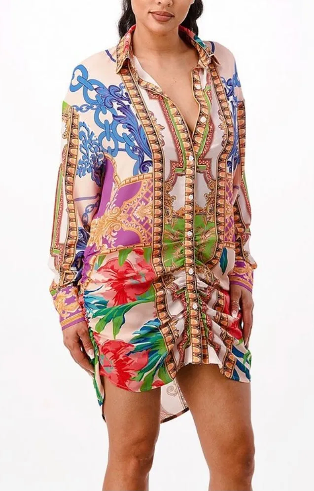 Multi Print Button Down Shirt Dress