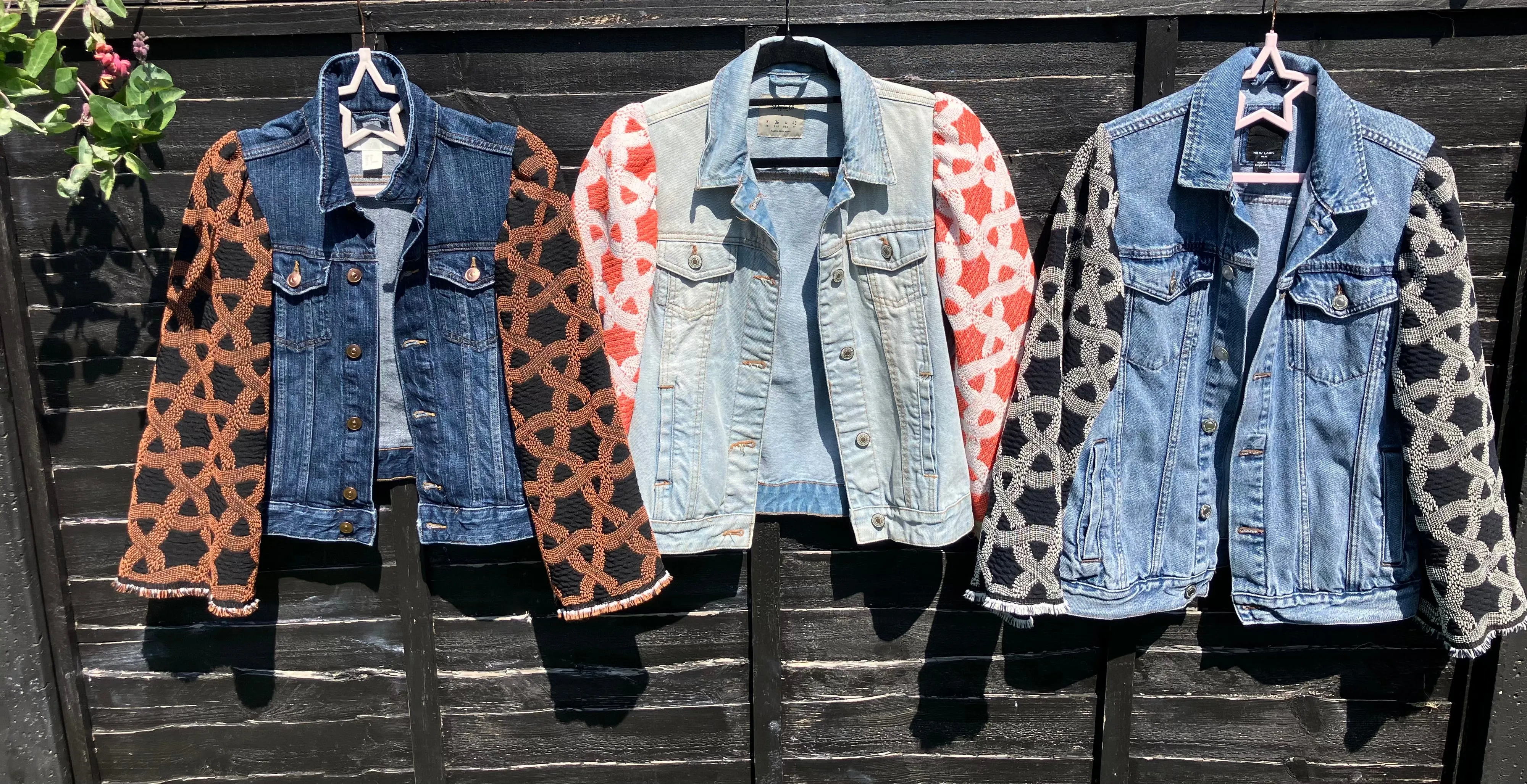 MY collection: Denim repurposed jacket with black and white jacquard sleeves