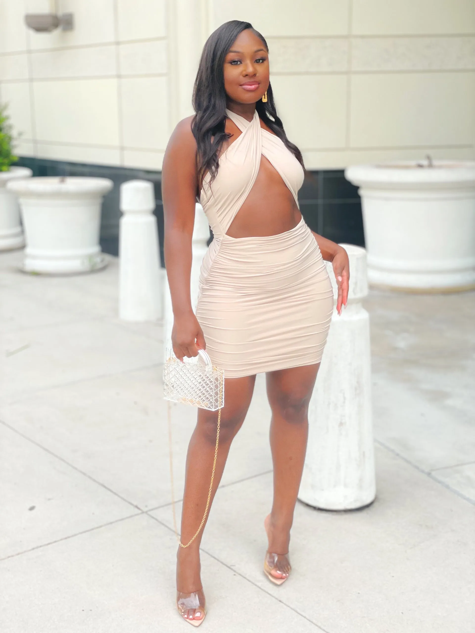 MY VIBES UNMATCHED RUCHED MINI DRESS (NUDE) (FINAL SALE)