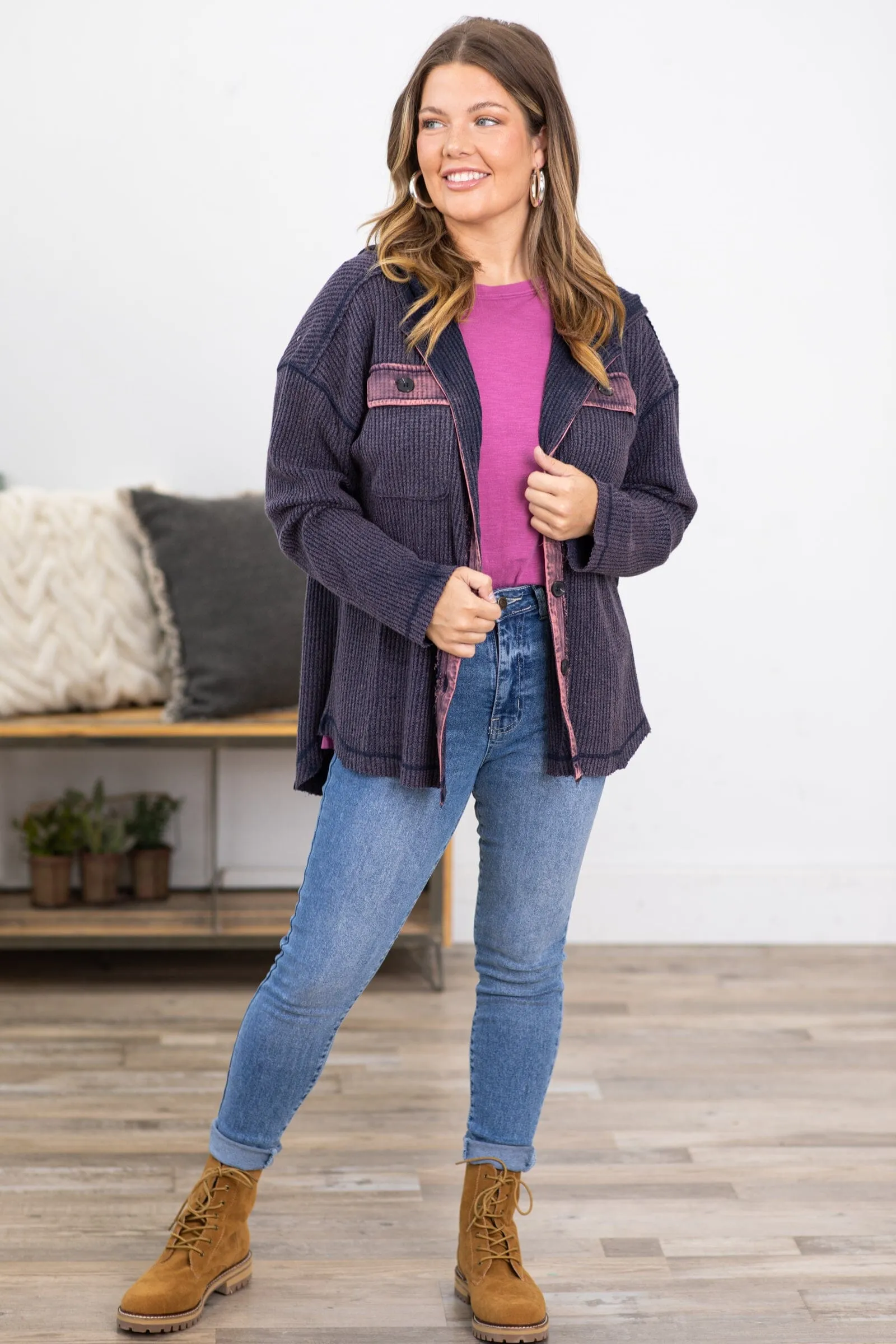 Navy Acid Wash Knit Shacket