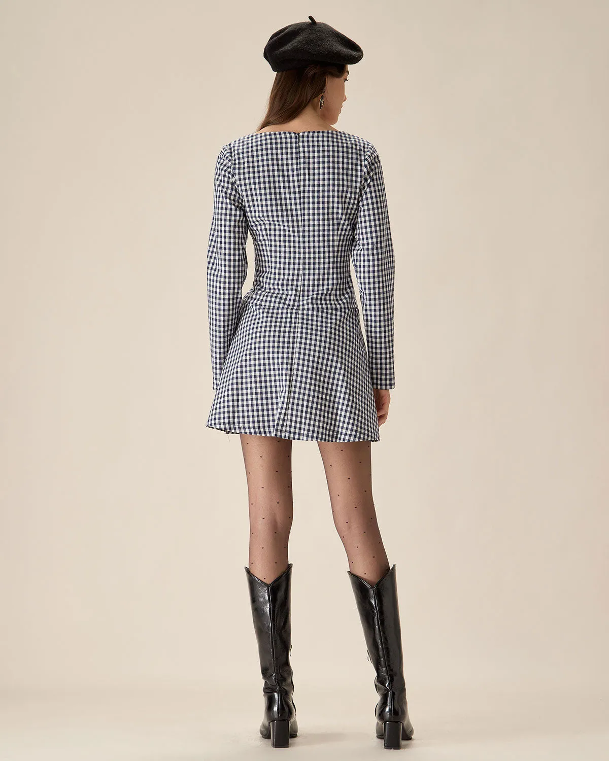 Navy Square Neck Plaid Mini Dress