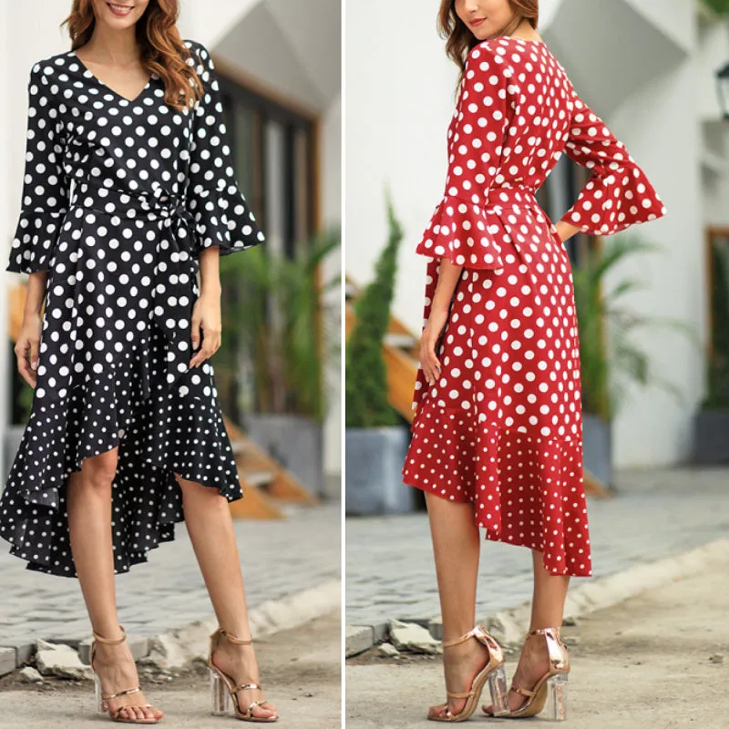 New Dotted Ruffled V-neck Dress