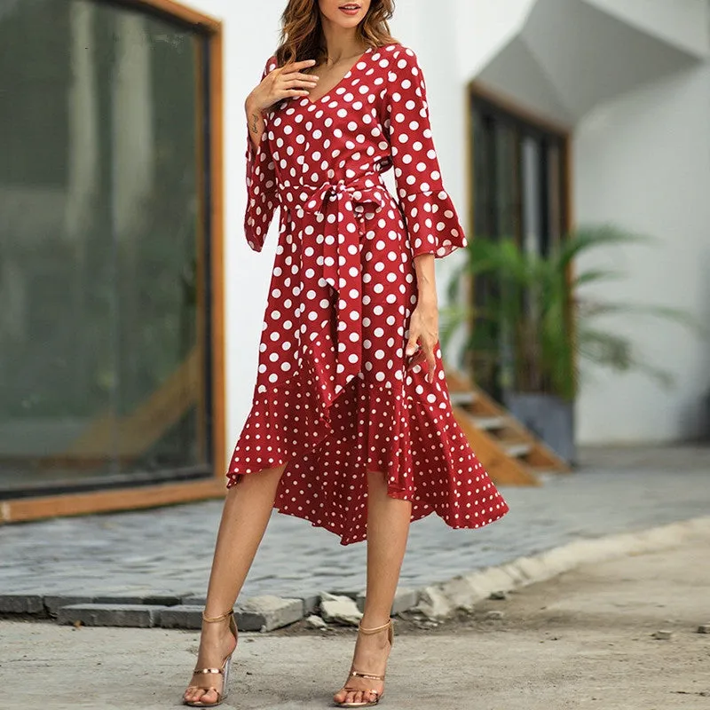 New Dotted Ruffled V-neck Dress