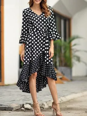 New Dotted Ruffled V-neck Dress