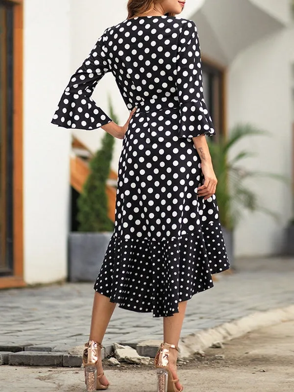 New Dotted Ruffled V-neck Dress