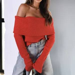 NEW Micas Sweaters for Women Trendy Sexy Spicy Girl Off Shoulder Long Sleeve Knit Sweater Red Sz M