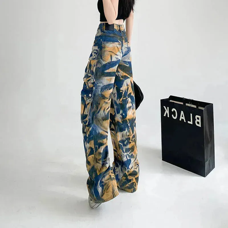 New Tie-dye Baggy CargoTrousers With Pockets Y2K Fashion High Waist Loose Wide Leg Pants Spring And Autumn