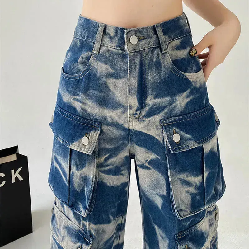 New Tie-dye Baggy CargoTrousers With Pockets Y2K Fashion High Waist Loose Wide Leg Pants Spring And Autumn