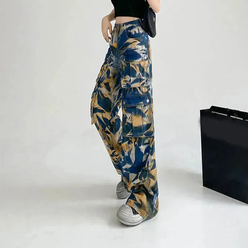 New Tie-dye Baggy CargoTrousers With Pockets Y2K Fashion High Waist Loose Wide Leg Pants Spring And Autumn