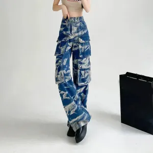 New Tie-dye Baggy CargoTrousers With Pockets Y2K Fashion High Waist Loose Wide Leg Pants Spring And Autumn