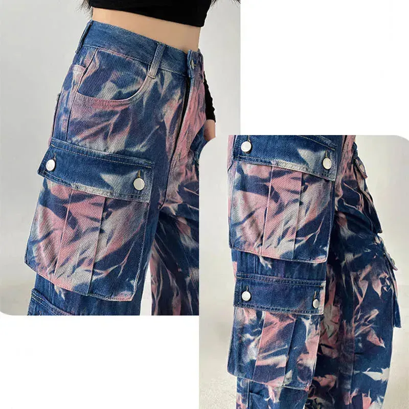 New Tie-dye Baggy CargoTrousers With Pockets Y2K Fashion High Waist Loose Wide Leg Pants Spring And Autumn