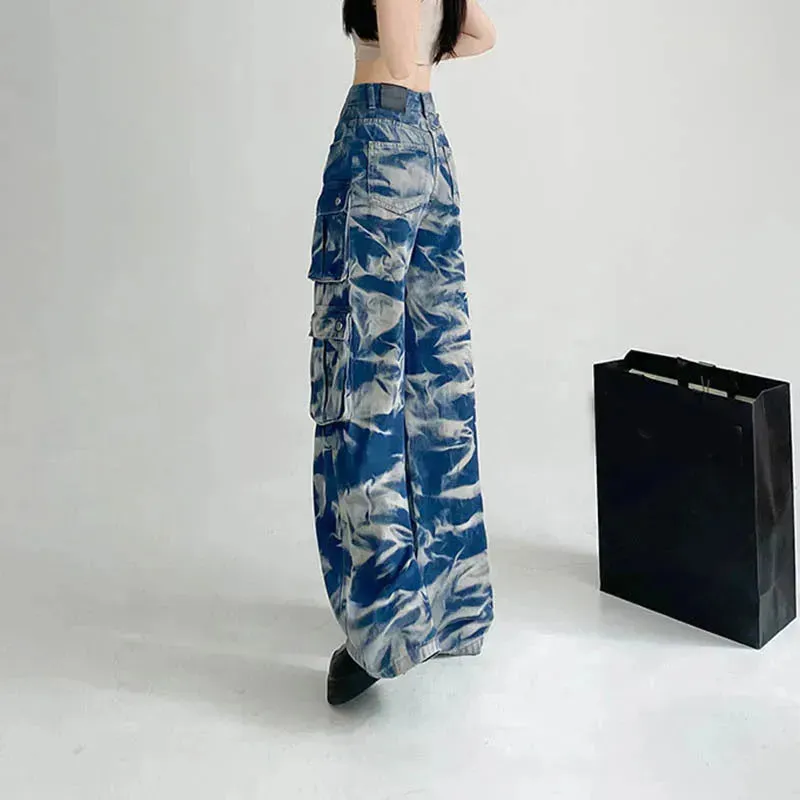 New Tie-dye Baggy CargoTrousers With Pockets Y2K Fashion High Waist Loose Wide Leg Pants Spring And Autumn