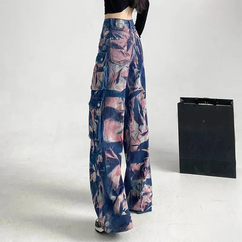 New Tie-dye Baggy CargoTrousers With Pockets Y2K Fashion High Waist Loose Wide Leg Pants Spring And Autumn