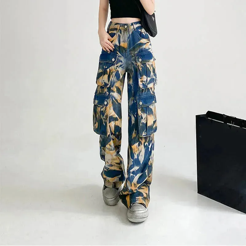 New Tie-dye Baggy CargoTrousers With Pockets Y2K Fashion High Waist Loose Wide Leg Pants Spring And Autumn