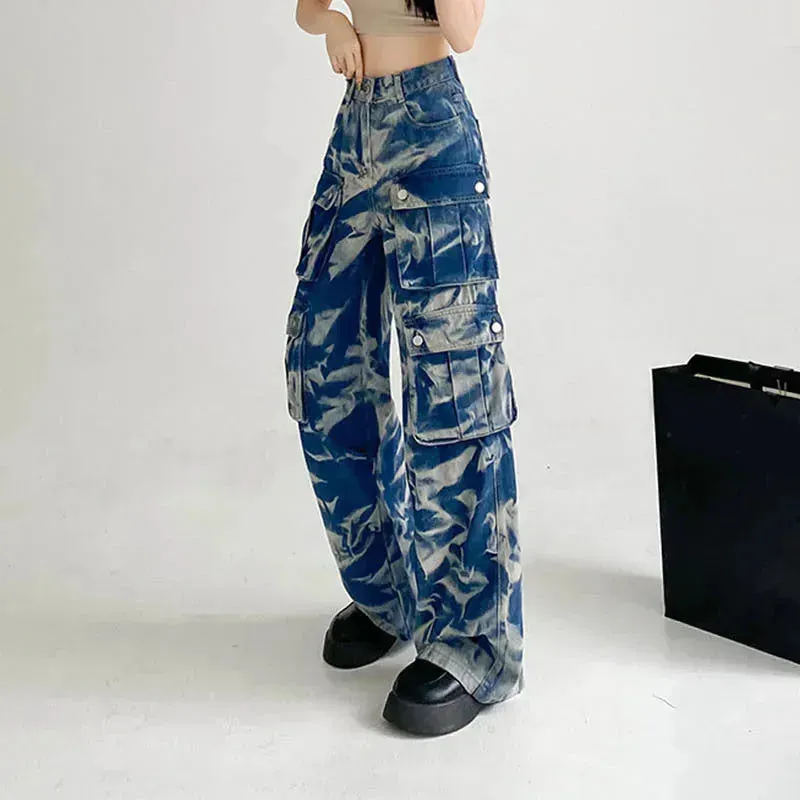 New Tie-dye Baggy CargoTrousers With Pockets Y2K Fashion High Waist Loose Wide Leg Pants Spring And Autumn