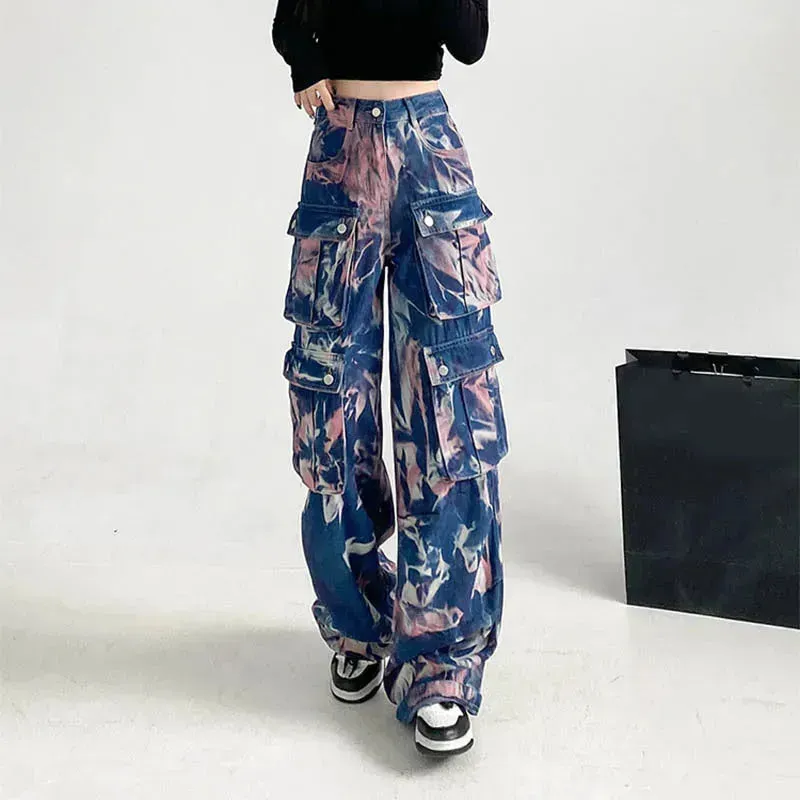 New Tie-dye Baggy CargoTrousers With Pockets Y2K Fashion High Waist Loose Wide Leg Pants Spring And Autumn