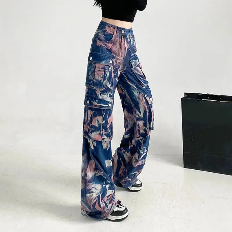 New Tie-dye Baggy CargoTrousers With Pockets Y2K Fashion High Waist Loose Wide Leg Pants Spring And Autumn