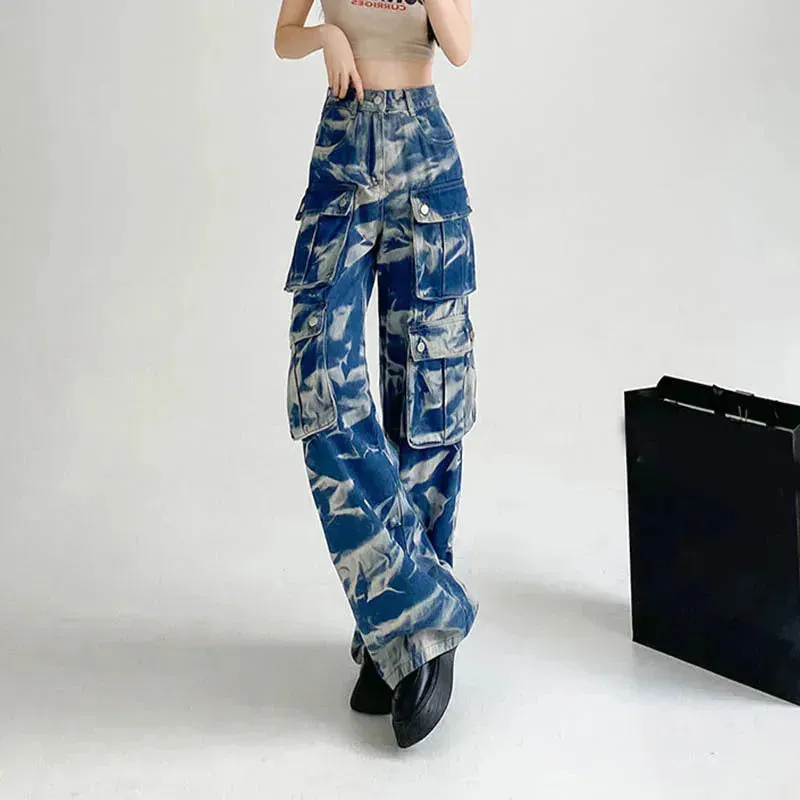 New Tie-dye Baggy CargoTrousers With Pockets Y2K Fashion High Waist Loose Wide Leg Pants Spring And Autumn