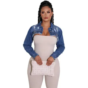 New Women's Stylish Wash Water Long Sleeve Cropped Denim Jacket