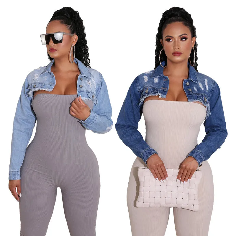 New Women's Stylish Wash Water Long Sleeve Cropped Denim Jacket