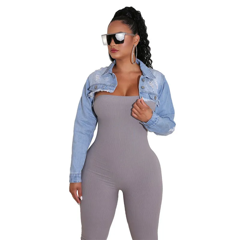 New Women's Stylish Wash Water Long Sleeve Cropped Denim Jacket
