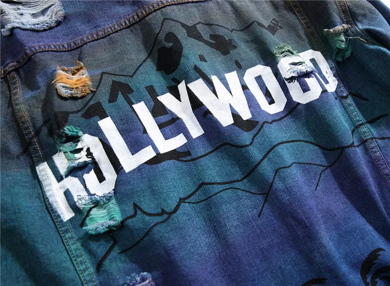 Newest Slim Fit Men's Ripped Denim Streetwear Jacket Printed