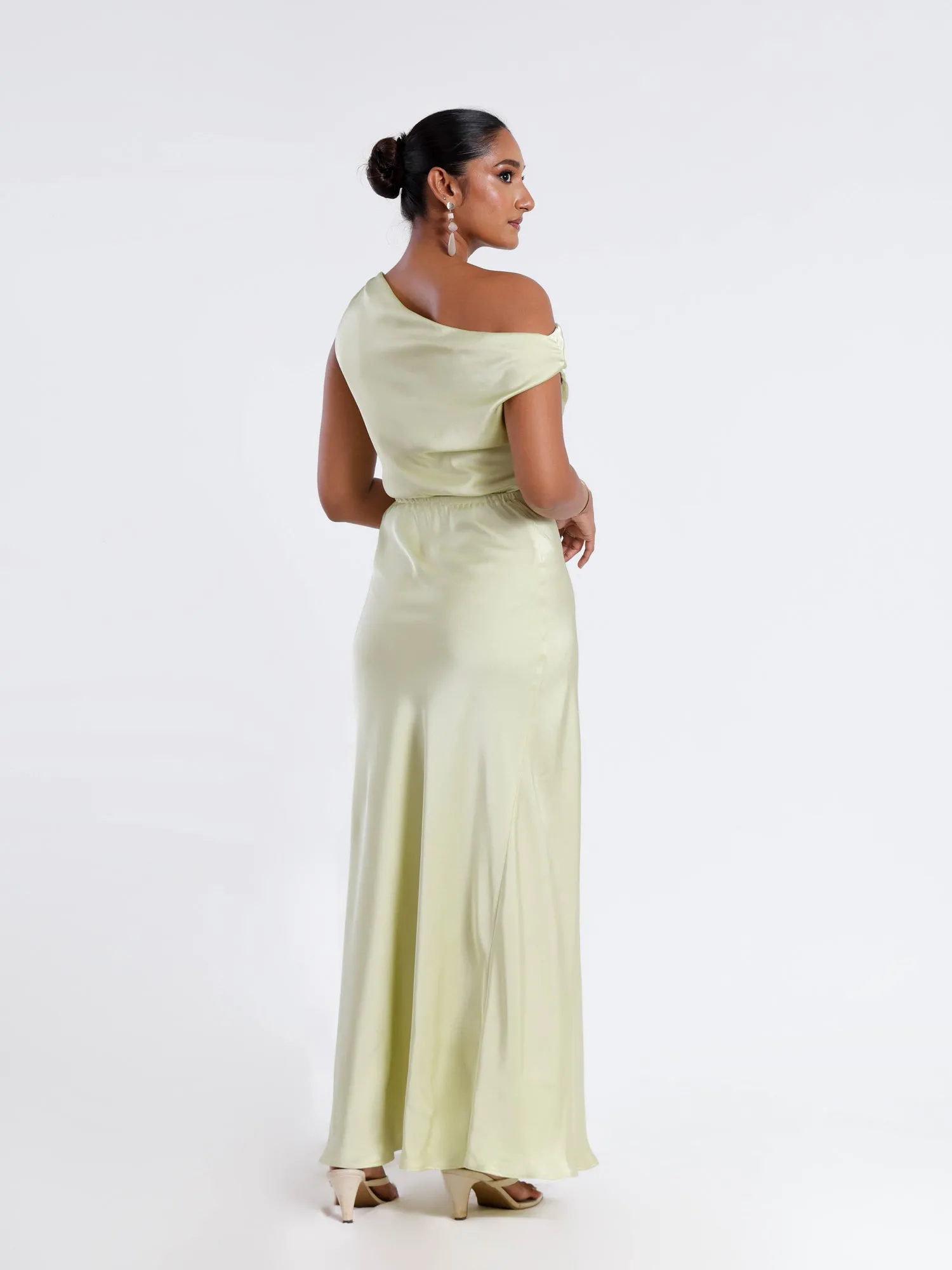 Off Shoulder Bias Satin Maxi Dress