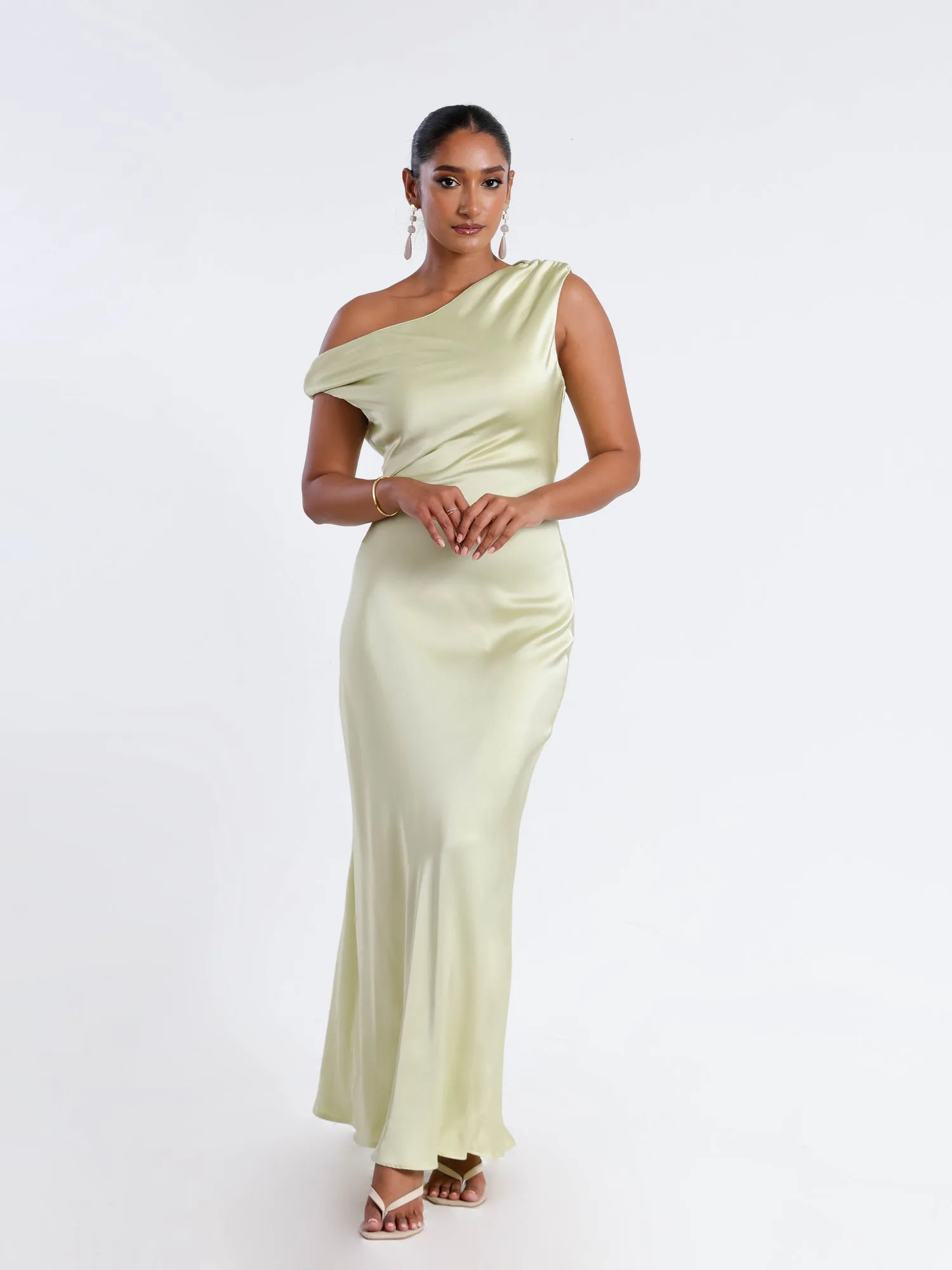 Off Shoulder Bias Satin Maxi Dress