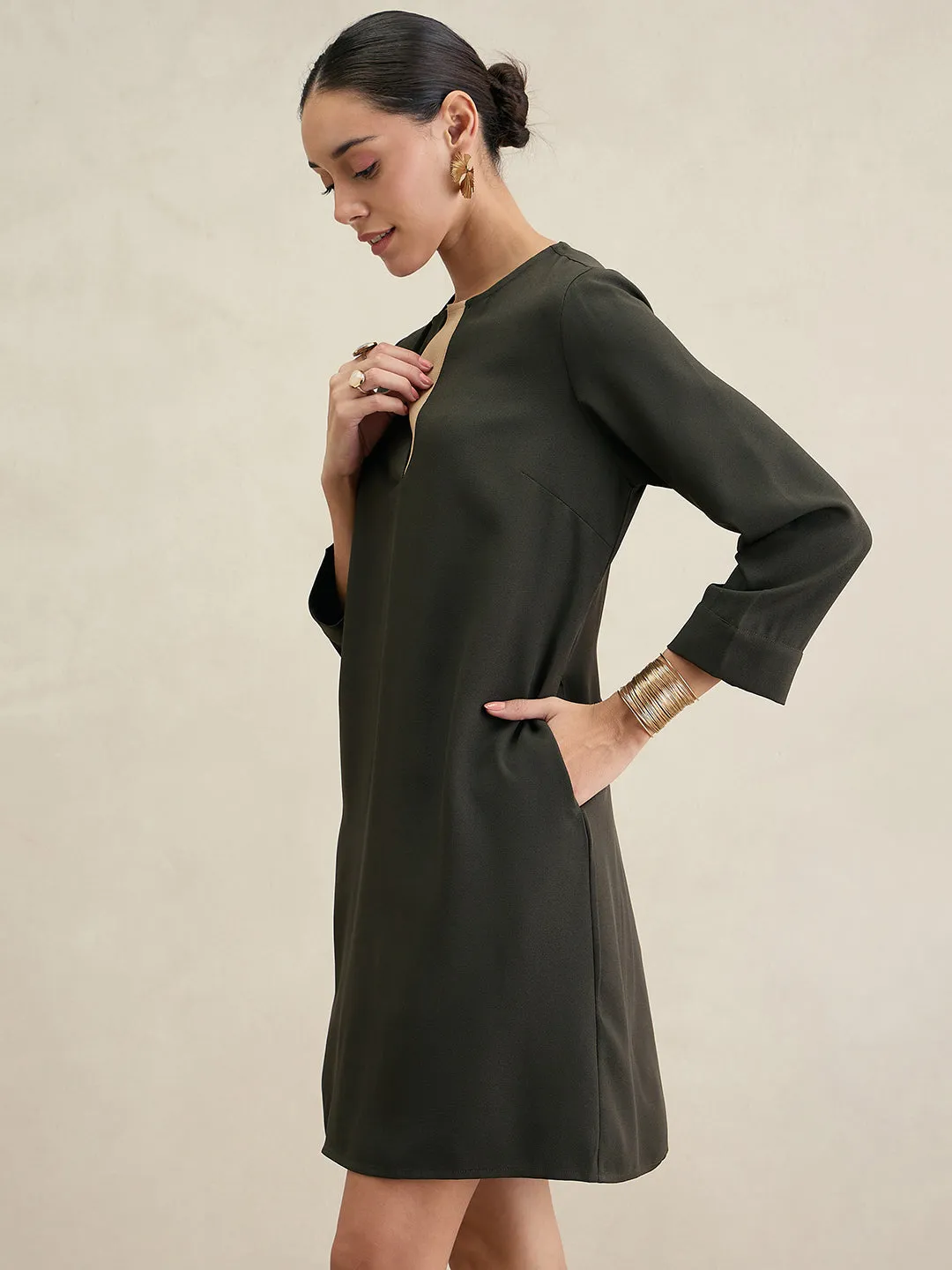 Olive Knee Length Sheath Dress