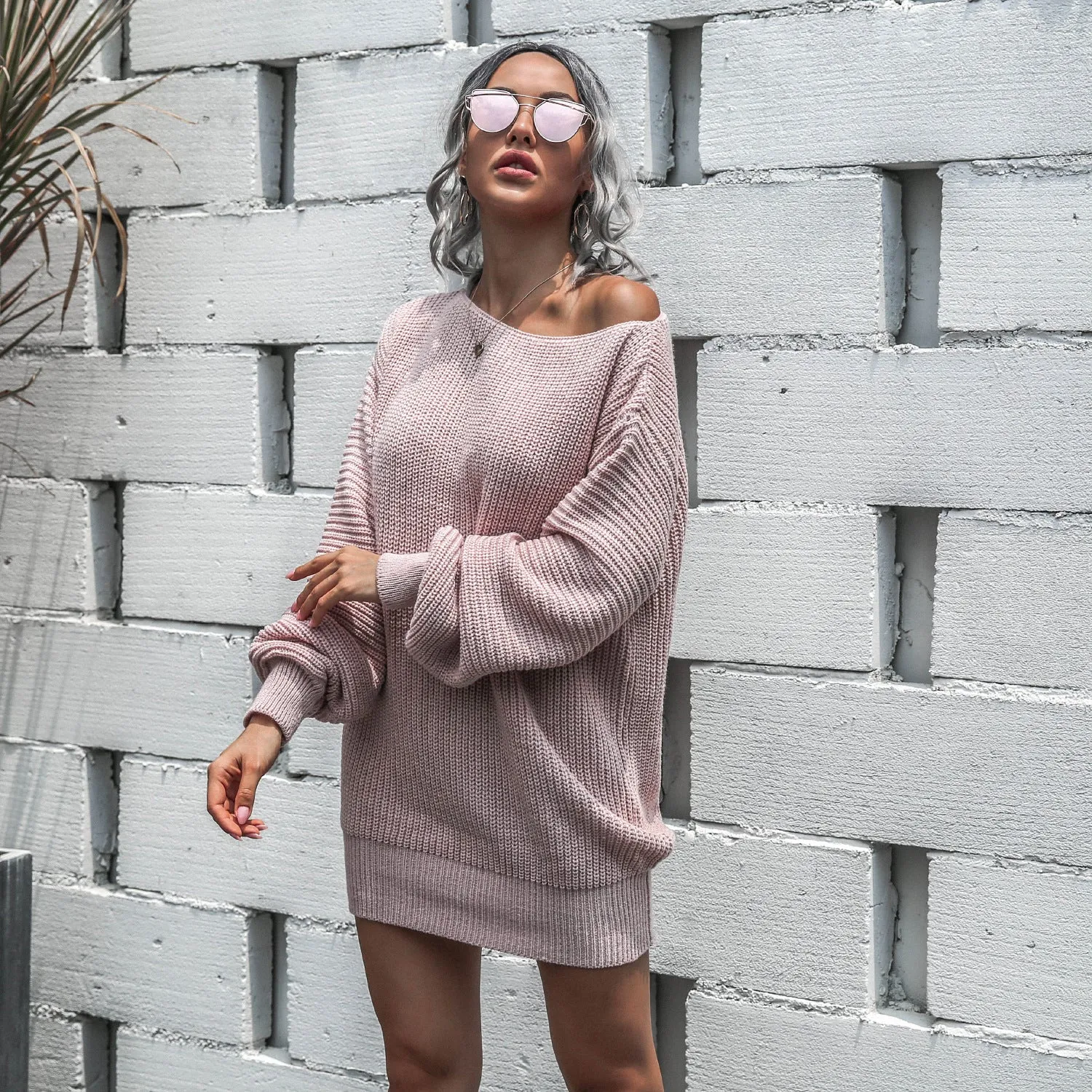 One Shoulder Lantern Sleeve Knit Sweater Mini Dresses